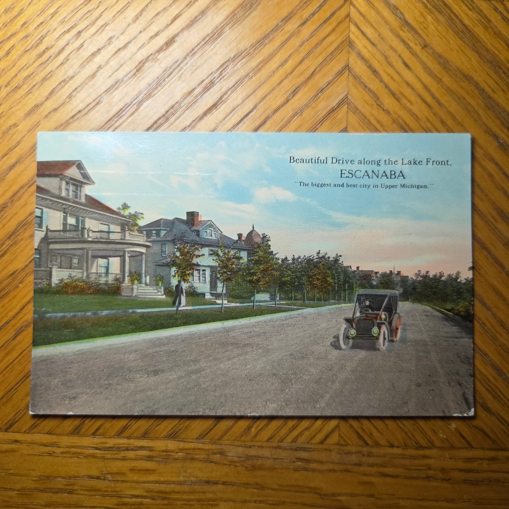 Antique Escanaba Michigan Lake Front Drive Postcard 1914 Vintage Car UP MI